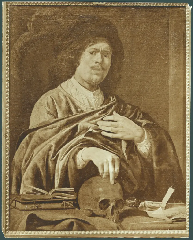 Anonimo caravaggesco italiano - sec. XVII - Ritratto di uomo con teschio