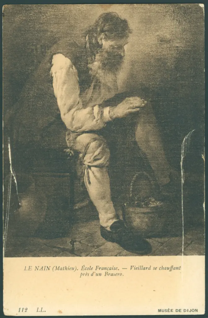 Le Nain (Mathieu). École Française - Veillard se chauffant près d'un Brasero.