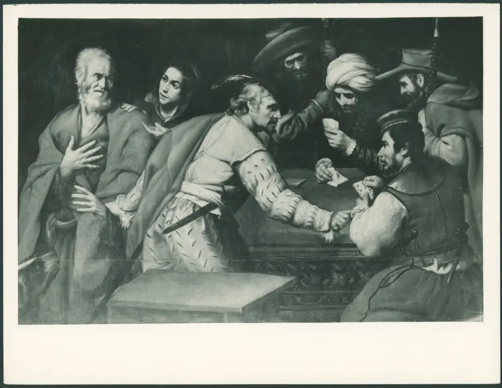 Anonimo caravaggesco franco-fiammingo - sec. XVII - Negazione di san Pietro e giocatori di carte