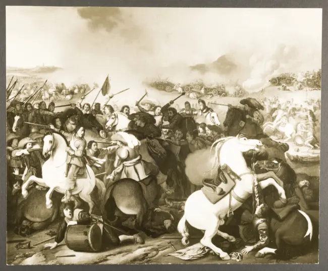 Scena di battaglia con cavalieri in costumi moderni