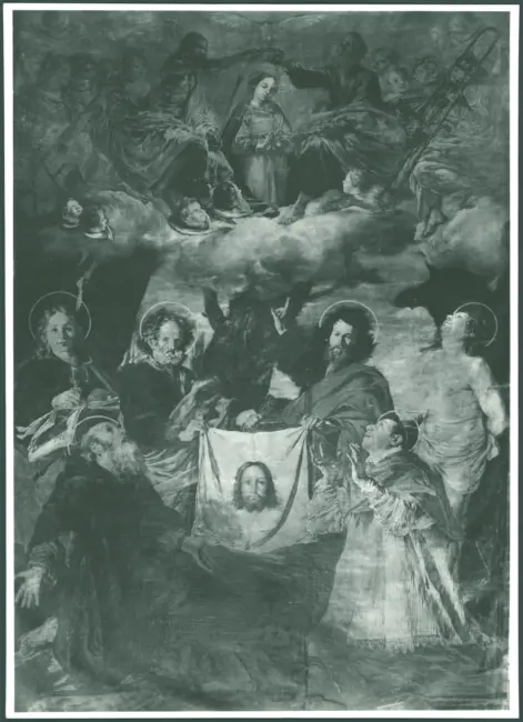 Serodine Giovanni - sec. XVII - Incoronazione di Maria Vergine e il velo della Veronica esposto tra san Pietro, san Paolo, san Giovanni Evangelista, sant'Antonio Abate, san Carlo Borromeo e san Sebastiano