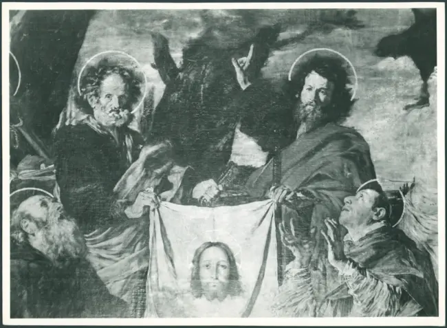 Serodine Giovanni - sec. XVII - Incoronazione di Maria Vergine e il velo della Veronica esposto tra san Pietro, san Paolo, san Giovanni Evangelista, sant'Antonio Abate, san Carlo Borromeo e san Sebastiano