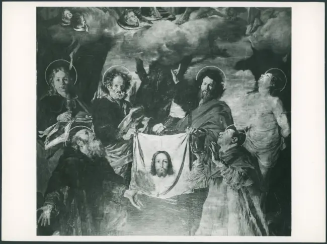 Serodine Giovanni - sec. XVII - Incoronazione di Maria Vergine e il velo della Veronica esposto tra san Pietro, san Paolo, san Giovanni Evangelista, sant'Antonio Abate, san Carlo Borromeo e san Sebastiano