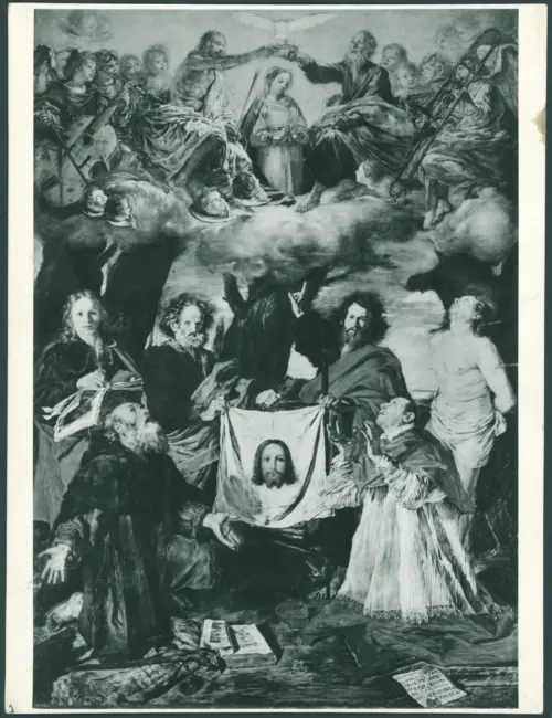 Serodine Giovanni - sec. XVII - Incoronazione di Maria Vergine e il velo della Veronica esposto tra san Pietro, san Paolo, san Giovanni Evangelista, sant'Antonio Abate, san Carlo Borromeo e san Sebastiano