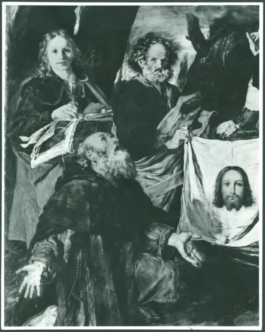 Serodine Giovanni - sec. XVII - Incoronazione di Maria Vergine e il velo della Veronica esposto tra san Pietro, san Paolo, san Giovanni Evangelista, sant'Antonio Abate, san Carlo Borromeo e san Sebastiano