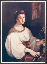 Anonimo caravaggesco lombardo - sec. XVI/ XVII - Ritratto femminile con vaso di fiori