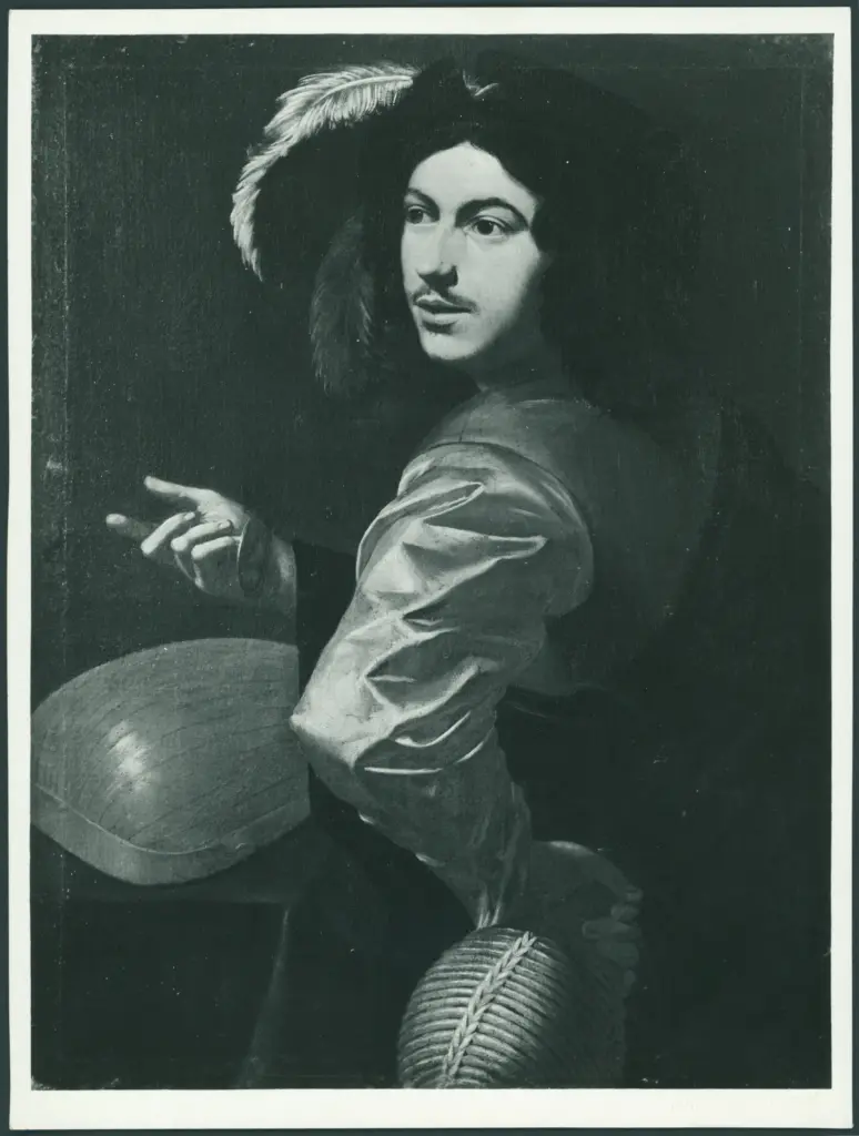 Figura maschile con cappello, fiasco di vino e liuto