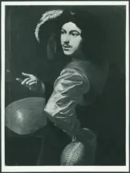 Figura maschile con cappello, fiasco di vino e liuto