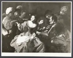 Scena di osteria con giocatori di dadi e zingara che legge la mano