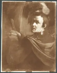 Ritratto di uomo in armatura con spada e cappello piumato