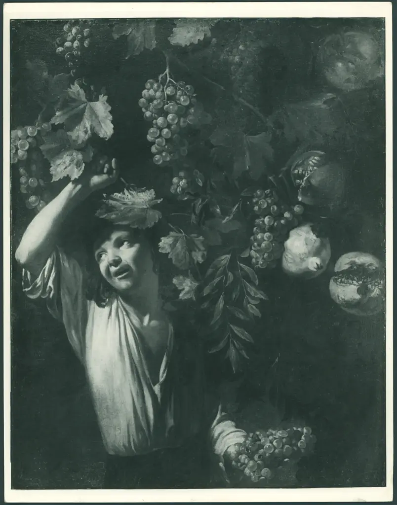 Natura morta con frutta e giovane che coglie l'uva