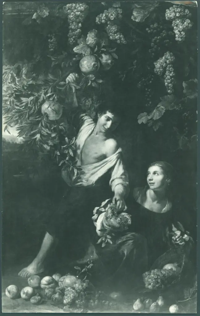 Natura morta con frutta, figura femminile e figura maschile che raccoglie melagrane