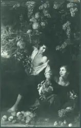 Natura morta con frutta, figura femminile e figura maschile che raccoglie melagrane