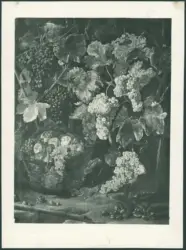 Natura morta con uva, cesto di mele e castagne