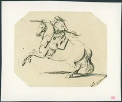 Soldato con un fucile su un cavallo che si impenna