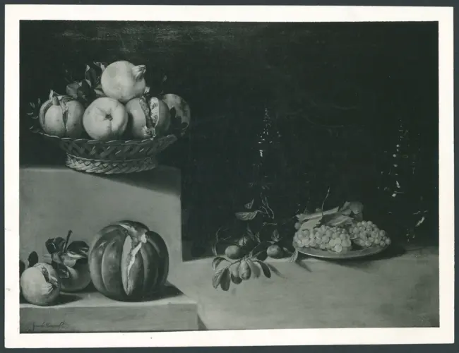 Hamen y León Juan van der - sec. XVII - Natura morta con cesto di melagrane, uva, prugne, melone e vetri