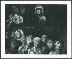 Gruppo di figure a mezzo busto con espressioni caricaturali e un gatto