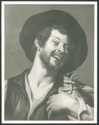 Bevitore che ride con fiasco di vino