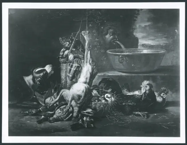 Coninck David de - sec. XVII - Natura morta con selvaggina, pollame, cane e gatto