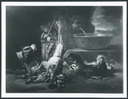 Natura morta con selvaggina, pollame, cane e gatto