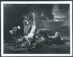 Coninck David de - sec. XVII - Natura morta con selvaggina, pollame, cane e gatto