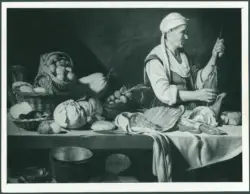 Loarte Alejandro de (?) - sec. XVII - Natura morta con frutta, ortaggi e vecchia che prepara uno spiedo