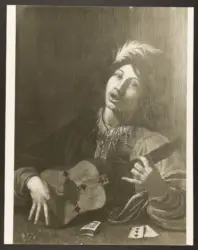 Maestro del dottor Di Carlo - sec. XVII - Suonatore di chitarra con dadi e carte