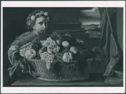 Natura morta con cesta di frutta e giovane donna con ghirlanda di fiori in testa