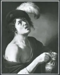 Giovane con cappello piumato e caraffa