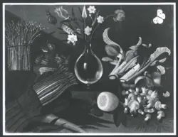 Natura morta con vaso di fiori, ortaggi, funghi e cesto di lumache