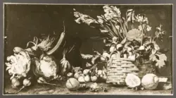 Natura morta con ortaggi e cesto di frutta e fiori
