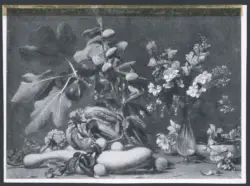 Natura morta con frutta, ortaggi e vaso di fiori