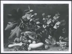 Anonimo caravaggesco - sec. XVII - Natura morta con frutta, ortaggi e vaso di fiori