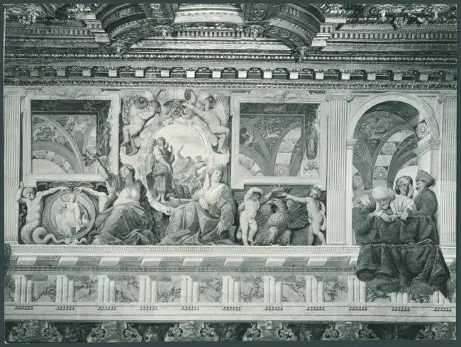 Galli Giovanni Antonio (Spadarino) (?); Saraceni Carlo; Lanfranco Giovanni; Bassetti Marcantonio ; Ottino Pasquale (Pasqualotto); Scuola veronese - sec. XVII - Architettura dipinta, Figure allegoriche, Putti, Scene bibliche, Scene encomiastiche: parete nord (particolare)