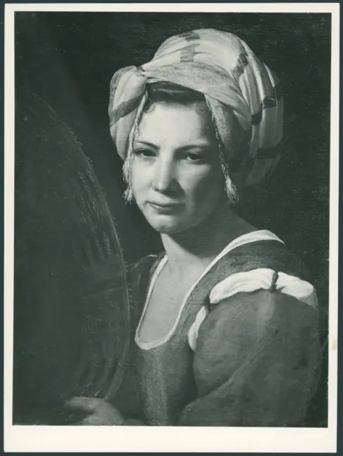 Ritratto di giovane donna con turbante e tamburello
