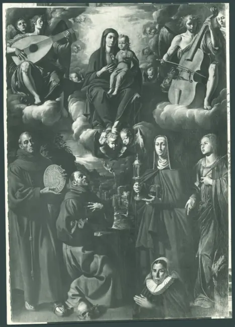 Madonna con Bambino in gloria tra angeli musicanti, san Bernardino da Siena, san Francesco d'Assisi, santa Chiara, santa Margherita d'Antiochia e la donatrice