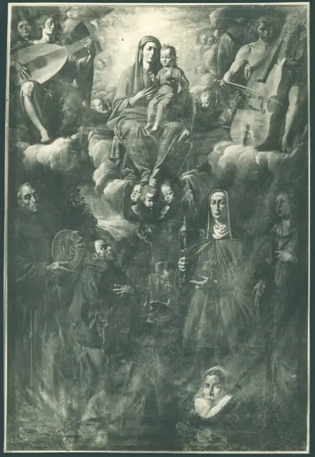D'Enrico Antonio (Tanzio da Varallo) - sec. XVII - Madonna con Bambino in gloria tra angeli musicanti, san Bernardino da Siena, san Francesco d'Assisi, santa Chiara, santa Margherita d'Antiochia e la donatrice