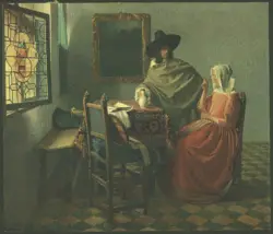 Scena di interno con donna che beve un bicchiere di vino