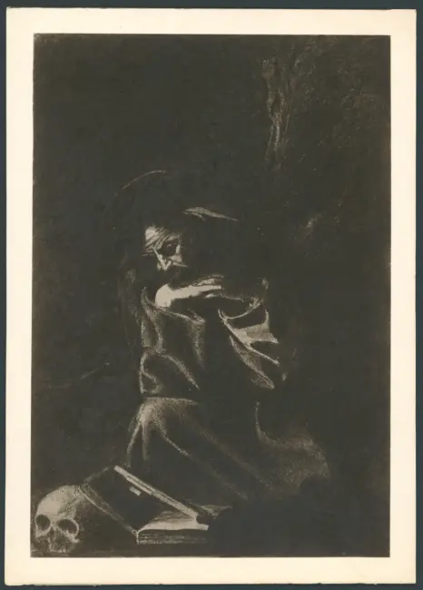 Merisi Michelangelo (Caravaggio) (copia da); Longhi Roberto - sec. XX - San Francesco d'Assisi in meditazione