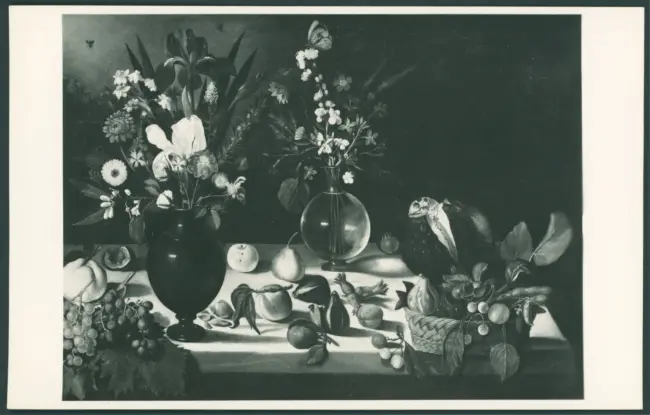 Merisi Michelangelo (Caravaggio) - sec. XVI - Natura morta con frutta, cesto e vasi di fiori