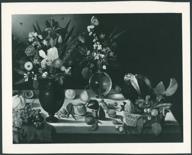 Merisi Michelangelo (Caravaggio) - sec. XVI - Natura morta con frutta, cesto e vasi di fiori